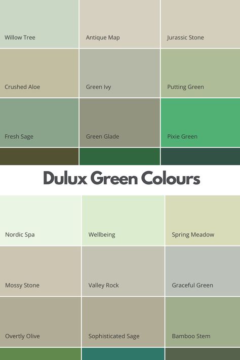 Dulux green colours, this image shows over 25 different green paint colours by Dulux ranging from light sage green to shades to more defining dark green colours. Dulux Graceful Green, Sage Dulux Paint, Dulux Dark Green Paint, Dulux Bamboo Stem, Dulux Pale Sage, Dulux Forest Shade, Dulux Green Living Room, Shades Of Green Interior, Dulux Everglade Forest Green