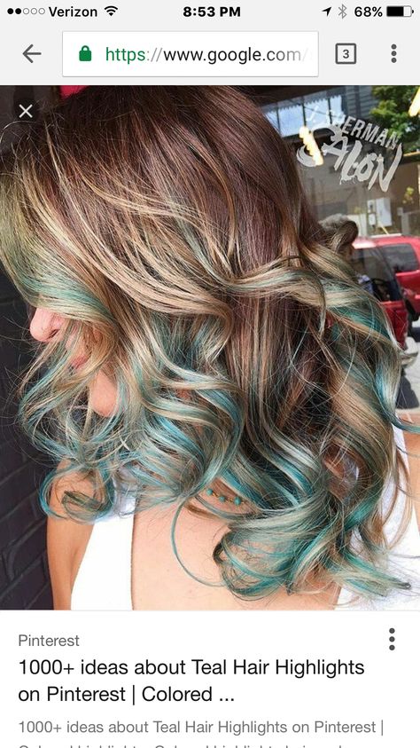 Aquamarine Highlights Hair, Teal Hair Tips, Turquoise Hair Highlights, Light Brown Hair With Blue Highlights, Blonde Hair With Green Highlights, Teal Peekaboo Highlights, Green Hair Tips, Teal Hair Streaks, Blue Highlights In Blonde Hair