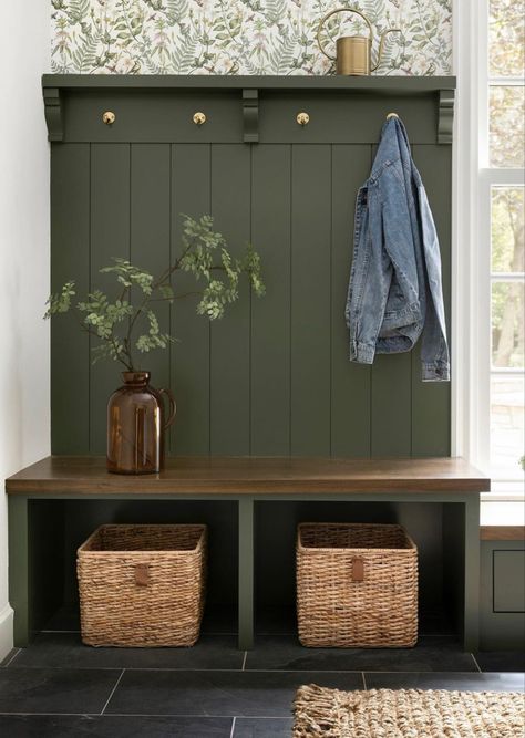 Mud Room Paneling, Green Entrance Hall Ideas, Panelled Coat Wall, Mudroom Paneling, Hallway Panelling Coat Hooks, Hall Coat Rack Entryway, Green Foyer Entryway, Porch Ideas Entrance Interior, Mud Room Addition