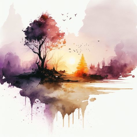 Tree Watercolor Painting, Watercolor Art Paintings, Diy Watercolor Painting, Landscape Art Painting, Fall Watercolor, Watercolor Landscape Paintings, Watercolor Paintings Tutorials, Diy Watercolor, Watercolor Trees