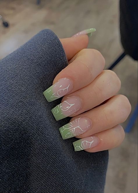 Light Green Nails With Butterflies, Matcha Green Nail Design, Matcha Inspired Nails, Sage Green Butterfly Nails, Matcha Nails Inspiration, Tinkerbell Inspired Nails, Txt Inspired Nails, Matcha Nail, Txt Nails Designs