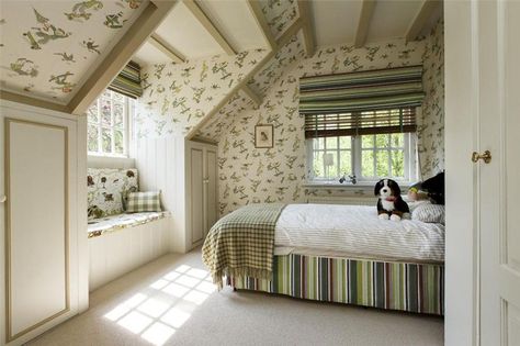 Wallpaper With Slanted Ceilings, How To Decorate A Dormer Bedroom, Mansard Roof Interior Attic Rooms, Cottage Bedroom Sloped Ceiling, Attic Wallpaper Slanted Ceiling, Wainscoting Attic Bedroom, Attic Paneling, Slanted Ceilings Bedroom, Bedroom With Eaves Sloped Ceiling