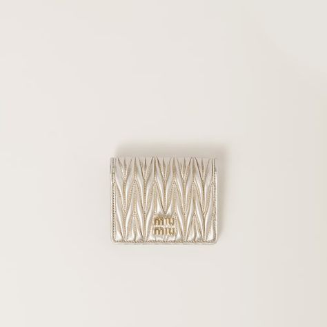 Pyrite Small Matelassé Nappa Leather Wallet | Miu Miu Miu Miu Wallet, Miu Miu Handbags, Small Leather Wallet, Miu Miu Bag, Leather Passport Holder, Small Wallet, Gift Accessories, Small Leather Goods, Letter Logo