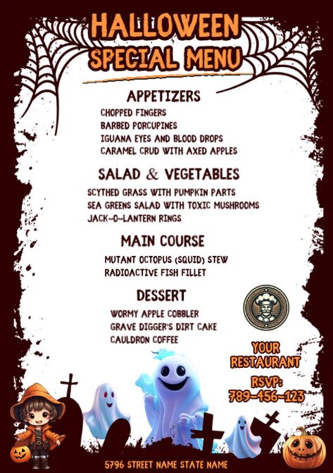 Clean & Cute Halloween Menu Template Church Halloween, Parts Of A Pumpkin, Halloween Menu, Linkedin Background Image, Dirt Cake, Octopus Squid, Linkedin Banner, Kindle Book Cover, Appetizer Menu