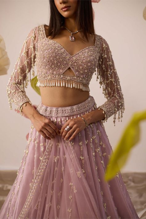 Roqa | Lily Pink Lehenga Set | INDIASPOPUP.COM Lehenga Designs For Mothers, Reception Lehenga Blouse Designs, Simple Net Lehenga Designs, Moti Work Blouse Designs, Trendy Blouse Designs For Lehenga, Light Purple Lehenga, Net Lehenga Designs, Pearl Work Lehenga, Hanging Blouse