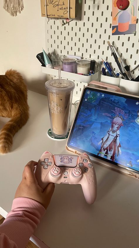 Genshin impact ipad gaming cute controller miko yae miko Cute Controller, Nintendo Aesthetic, Genshin Aesthetic, Study Desk Decor, Tech Aesthetic, Gamer Room Decor, Tumblr Rooms, Hippie Life, Instagram Ideas Post