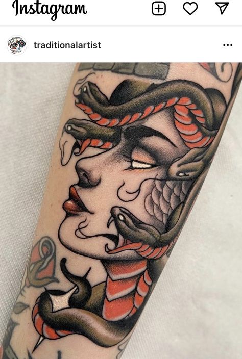 Guitar Tattoo Ideas, Medusa Artwork, Americana Tattoo, Traditional Tattoo Inspiration, Medusa Tattoo Design, Traditional Tattoo Flowers, Traditional Tattoo Designs, Occult Tattoo, Key Tattoos