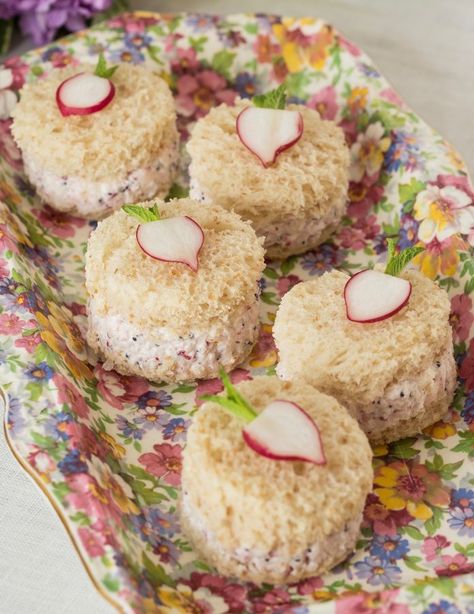 radish poppyseed sandwiches Tea Party Sandwiches Recipes, Hot Cup Of Tea, Tea Party Sandwiches, Tea Sandwiches Recipes, Cream Cheese Mints, Afternoon Tea Recipes, Tea Time Food, Party Sandwiches, Honey Wheat