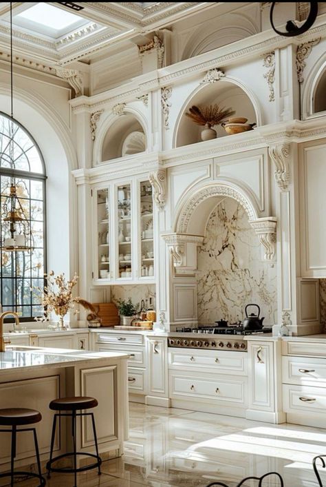 Bridgerton Kitchen Aesthetic, Modern French Chateau Kitchen, Mars House, Regency Kitchen, Ornate Kitchen, Regency Aesthetic, Mansion Kitchen, Sky Castle, Elegant Kitchen Design