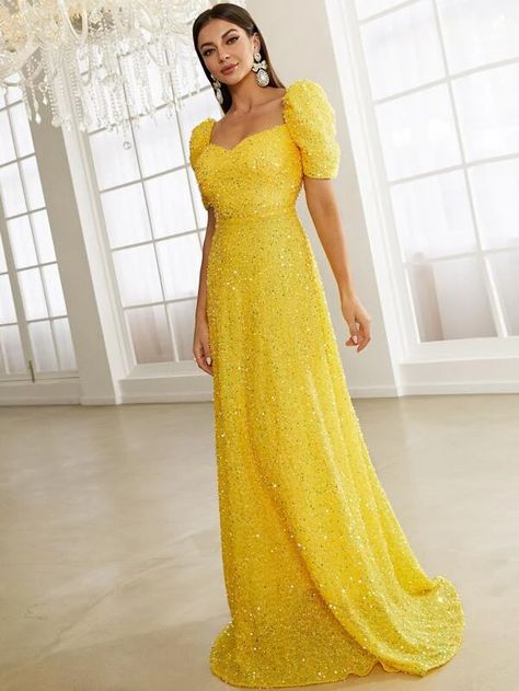 Missord Sweetheart Neck Puff Sleeve Sequin Formal Dress | SHEIN USA Yellow Floor, Sequin Formal Dress, Evening Dresses With Sleeves, Elegant Party Dresses, Dress Sleeve Styles, Sequin Prom Dresses, Sequin Maxi Dress, A Line Prom Dresses, Women's Evening Dresses