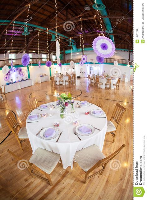 Photo about Decorated party tables set up in a gymnasium with a wooden floor. Image of gymnasium, decorations, banquet - 25157728 Party Tables, Tables Set, Table Set Up, Wooden Floor, Bat Mitzvah, Party Table, Wooden Flooring, Event Decor, Hanging Decor