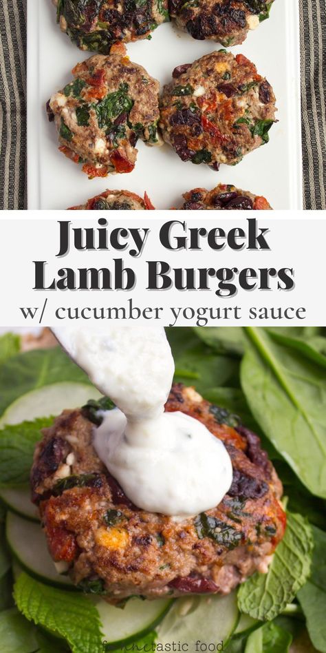 This Greek burger recipe with ground lamb and feta cheese is packed with flavor and super nutritious! A delicious, healthy dinner for any time of year - and easy, too! These juicy and tender lamb patties can be made on a skillet or grill in just 20 minutes. Drizzle with tasty cucumber yogurt sauce (recipe included). Recipes With Ground Lamb, Recipe With Ground Lamb, Ground Lamb Recipes For Dinner, Lamb Burgers With Feta, Greek Lamb Burgers, Feta Burger, Greek Burgers, Yogurt Sauce Recipe, Easy Lamb Recipes