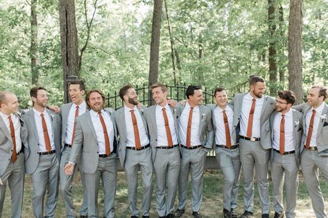 Earthy Wedding Groom, Gray Suit With Terracotta Tie, Fall Wedding With Grey Suits, Copper And Grey Wedding, Terracotta And Gray Wedding, Sage And Terra Cotta Wedding Groomsmen, Grey And Terracotta Wedding, Wedding Colors Copper, Terracotta Wedding Groomsmen