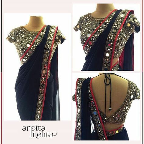 18 Latest Mirror Work Blouse Designs for Sarees this Festive Season [Styling Tips inside] | Bling Sparkle Mirror Work Saree Blouse, Arpita Mehta, Mirror Work Saree, Mirror Work Blouse Design, Mirror Work Blouse, Fancy Sarees Party Wear, Saree Designs Party Wear, Designer Saree Blouse Patterns, Embroidered Blouse Designs