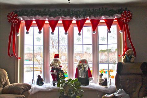 Crafty Life And Style: Ho Ho Ho Valance--terrific idea and cheap--Costco ribbon (get it early) and $tree hats Window Valance Diy, Curtains Or Blinds, Elf Christmas Decorations, Traditional Curtains, Christmas Window Decorations, Christmas Tree Decorations Diy, Xmas Deco, Easy Christmas Decorations, Christmas Decorations Diy Outdoor