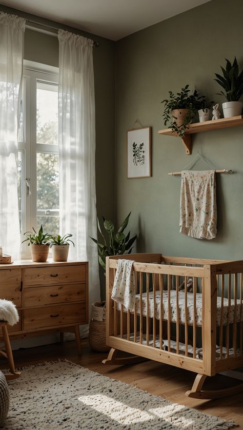 A photo-realistic image of a Scandinavian-style nursery, showcasing a calm environment with natural elements like light wood furniture, greenery, and nature-inspired decor. Wood Panel Nursery, Natural Baby Boy Nursery, Dark Green Nursery Ideas, Forest Green Baby Nursery, Earthy Nursery Ideas Gender Neutral, Little Boys Nursery, Olive Green Nursery Neutral, Vintage Neutral Nursery, Evergreen Fog Nursery