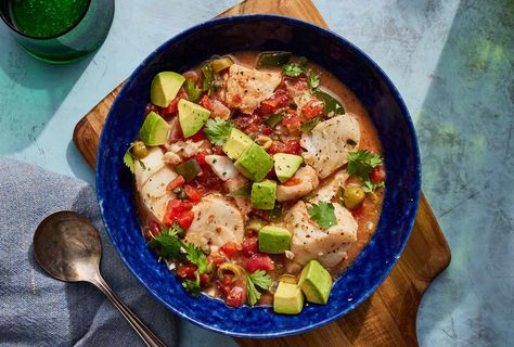 This version of bacalao guisado uses fresh fish to speed up the cooking process. Serve it with crusty rolls to soak up the juices. Protein Dinners, Good For Diabetics, Food Dinners, Diet Dinner, Easy Mediterranean Diet Recipes, Seafood Stew, Fish Stew, Vegan Soup Recipes, Pesto Chicken Pasta