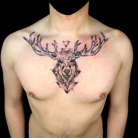 Horns Tattoo, Majestic Deer, Tattoo Chest, Deer Horns, Deer Tattoo, Chest Tattoo, Fine Line, Black And Gray, Nature Lovers