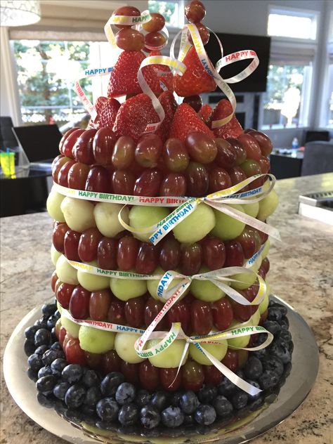 Fruit tower birthday cake Tower Birthday Cake, Fruit Tower, 5th Birthday, Birthday Cakes, Birthday Cake, Tower, Fruit, Cake, Birthday