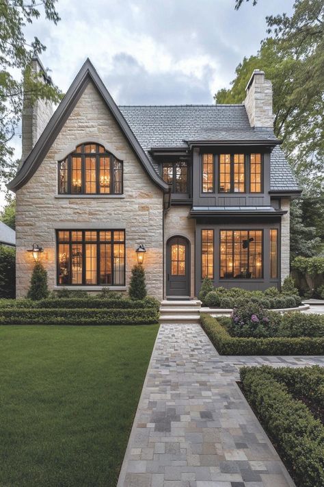 69 Beautiful Stone Exterior Houses That Stand the Test of Time Quaint Houses Exterior, Dark And Light House Exterior, Belgium Houses Belgian Style, French Contemporary Home Exterior, Modern Cottage Exterior Ideas, Modern Countryside House, Brick Facade House, Updated Tudor Exterior, Modern Tudor Exterior