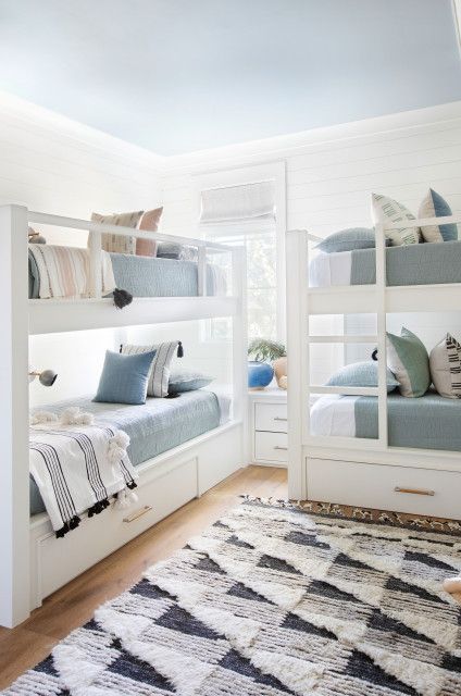 Coastal Bunk Room, Tiny Beach House Interior, White And Navy Bedding, Beach House Bunk Beds, Beach Bunk Room, Beach House Bunk Room, Grandkids Playroom, Goodbye May, Low Country Style