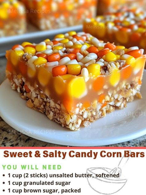 Melissa Recipes | Here’s a delicious recipe for Sweet & Salty Candy Corn Bars that combines the flavors of sweet candy corn and a touch of saltiness for the perfect H... | Facebook Candy Corn Bars, Sweet And Salty Candy, Bakesale Ideas, Breakfast Easy, Fun Foods, Fall Food, Bar Cookies, Low Carb Breakfast, Halloween Cookies