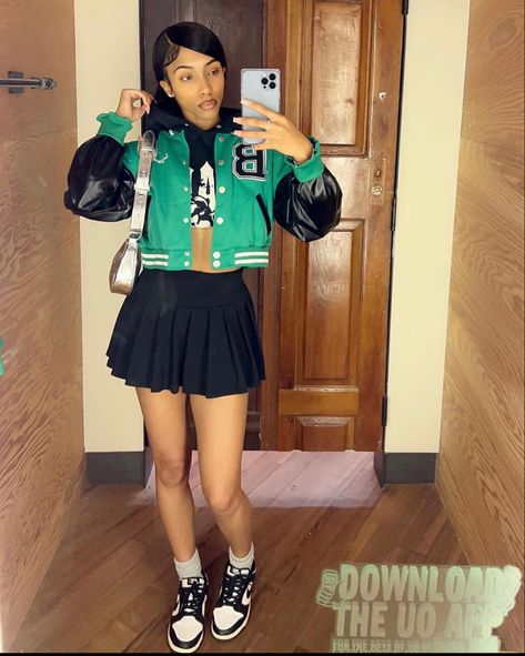 Varsity Jacket With Skirt, Jacket And Skirt Outfit, Jacket Skirt Outfit, Jacket With Skirt, Varsity Jacket Outfit, Jacket Outfit, Fall Fits, Skirt Outfit, Hippie Outfits