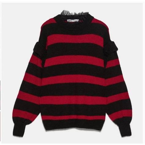 Zara Mohair Striped Knit Sweater With Tulle Red Black New With Tags Women's Size M Approximate Flat Measurements: Chest 24" Length 25" 47% Acrylic 45% Polyamide, 8% Mohair Removable Black Tulle Neckline Crew Neck Red And Black Stripes Pullover Ruffle Accent Sleeves Zara Knitwear, Loose Pullover Sweater, Mesh Sweater, Striped Knit Sweater, Sheer Sweater, Black Tulle, Detailed Sweater, Long Sleeve Pullover Sweater, Zara Sweater