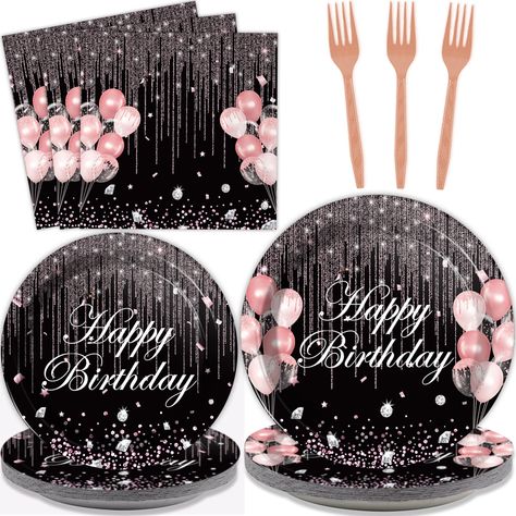 PRICES MAY VARY. 【Package Includes】 You will receive 24 pieces of Black pink glitter party paper dinner plates of 9’’, 24 pieces Pink Rose Gold paper plates of 7’’, 24 pieces of Black Rose Gold Sequin napkins of 6.5’’ and 24 plastic forks for each set that can serve 24 guests. 【Vibrant pink Party Design】Except for the fork, this Rose Gold Sequin theme party tableware set pattern is rock Decorating your Black Rose Gold Sequin party with these tableware kits can make your party full of the dreamy Pink And Black 50th Birthday Ideas, Rose Gold Birthday Party Table, Black And Bling Party, Black Rose Gold Party, Pink Black White Party, Pink And Black Party Theme, Pink Glitter Party, Rose Gold Birthday Party, 50th Birthday Themes