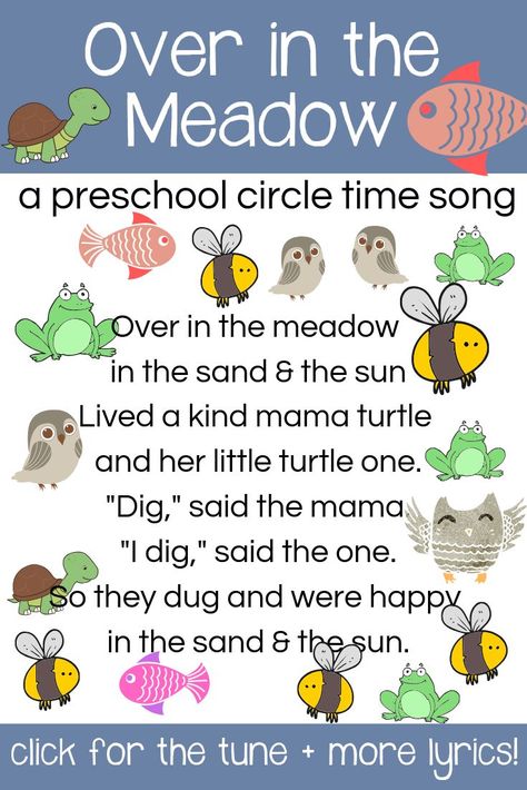 Get the kids counting and singing and playing at circle time.  This felt board song is so cute! Over In The Meadow, Toddler Circle Time, Animal Song, Library Storytime, Circle Time Songs, Learning To Count, Flannel Board Stories, Classroom Songs, Nursery Rhymes Games