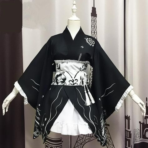 Material: cotton, polyester,artificial fiber hairOption: Kimono/Kimono+socks+petticoat+wig/kimono+wig/kimono+Petticoat/Kimono+socks+Petticoat/WigCostume include Kimono,headwear,white detachable collar,Haori,Corset,white skirt,back bow Size Refernece Size Waist Bust One Size 68cm/26.77"-78cm/30.71" 80cm/31.50"-100cm/39.37"   Suggest for head circumference: 54-57cm/21.26-22.44" and has stretch strap to adjust size and keep tight on head.you can buy wig accessories hereWarm tips:1. Comb the wig whe Sora Cosplay, Sora Kasugano, Yosuga No Sora, Girl Halloween Costumes, Cute Kimonos, Mode Kawaii, Mode Kimono, Old Fashion Dresses, Black Kimono