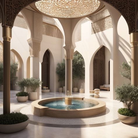 Islamic arch Nubian Architecture Modern, Islamic Architecture House, Islamic Landscape, Islamic Arch, Modern Arabic Interior, Arabic Interior, Arabian Architecture, Arabic Interior Design, Islamic Interior Design