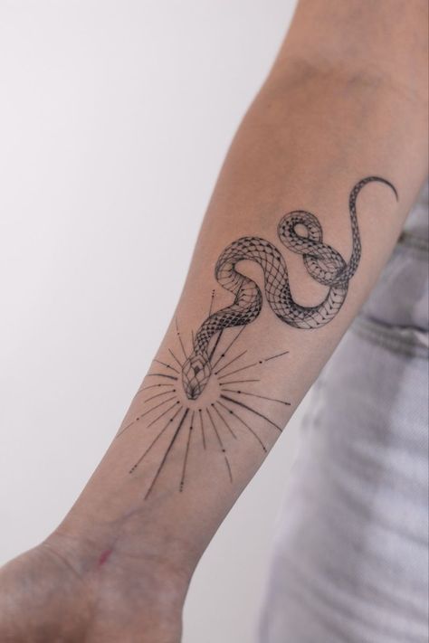 Snake Tattoo Placement Arm, Snake Wings Tattoo, Earth Snake Tattoo, Ethereal Snake Tattoo, Metal Snake Tattoo, Snake Forearm Tattoo Women, Snake Apple Tattoos, Snake Tattoo Wrapped Around Arm, Fine Line Forearm Tattoo