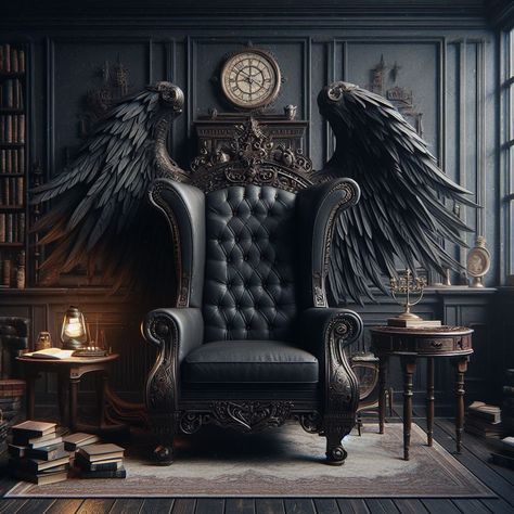 Dark Academia House Winged Armchair Black Reading Nook, Dark Academia Chair, Dark Academia House, Dark Reading, Academia House, Dark Academia Home, Dark Academia Wallpaper, Gothic Interior, Upholstered Chaise Lounge