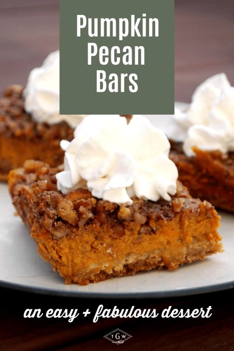 Decadent Pumpkin Pecan Bars - The Gingered Whisk Pumpkin Pecan Bars, Friend Get Together, Pumpkin Bars Recipe, Easy Pumpkin Bars, Pecan Bars Recipe, Fall Desserts Pumpkin, Quick Oatmeal, Easy Bar, Cream Cheese Bars