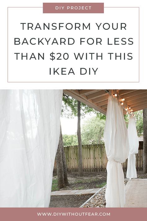 Outdoor patio curtains are a great way to add some cozy and privacy to your backyard, but they can be expensive! I DIYed a cheap but sturdy solution and show you how to hang them. It’s a great project for your home, or even an apartment! #patio #patiocurtains #easycurtains #ikeahack #patio #diy Diy Patio Canopy On A Budget, Outdoor Privacy Curtain Ideas, Patio Drapes Outdoor, Gazebo Curtains Outdoor Diy, Diy Shade Outdoor Cheap, Outdoor Shade Ideas Cheap, Drop Cloth Curtains Outdoor, Outdoor Privacy Curtains, Carport Conversion