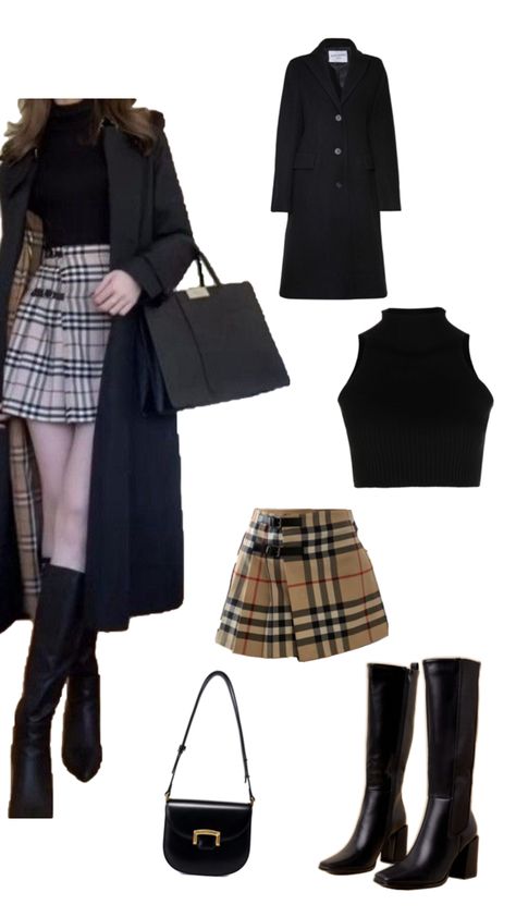 Outfit idea Checks Skirt, Long Coat Outfit, Long Black Coat, Winter Fashion Outfits Casual, Check Skirt, Coat Outfit, Winter Skirt, Coat Outfits, Winter Fashion Outfits