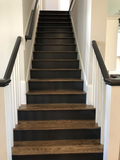 Stained treads with black risers Stained Stairs With Painted Risers, Stained Steps Stairways, Black Tile Stairs, Black Painted Stair Risers, Black Treads On Stairs, Stairs Black Risers, Black Wood Stain Stairs, Black Brown Staircase, Wood Stairs With Black Risers