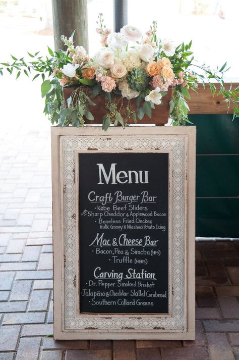 Rustic Chalk Board Menu Craft Burger Bar, His&Hers Mac-N-Cheese, Carving Station with Dr.Pepper Beef Brisket and gorgeous garden roses Carving Station Wedding, Applewood Chicken, Wedding Shower Favors Diy, Southern Wedding Food, Chalk Board Menu, Buffet Styling, Wedding Food Bars, Wedding Buffet Food, Pepper Beef