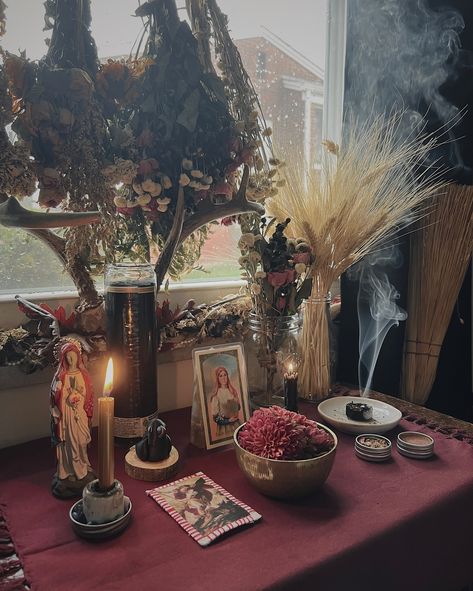 I’m giving away my altar top!🕯️ In addition to a few of my favorite handmade items, including your choice of folk Mary statuette (the Lady pictured is a current favorite—sage with a pomegranate coat), cloth prayer card kit, Mary Magdalene ritual balm, and loose incense blend, you’ll also receive an altar cloth, heat-proof dish and supply of charcoal, small collection of traditional cards, (dried) flower arrangements, black 7-day candle, bunch of charm candles, gold offering dish, flower agat... Folk Witchcraft, Folk Witch, Learn About Me, Loose Incense, Magic Knot, Witchcraft Altar, Witch Rituals, Traditional Witchcraft, Folk Magic