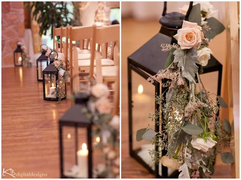 lanterns were used during the ceremony to decorate the aisle, then once the chairs were broken down and the room was flipped for the reception, some of the tables had lanterns as their centerpiece. photos by: kbdigital designs Wedding Arbor With Lanterns, Wedding Aisle Lanterns, Isle Decorations, Wedding Aisle Decorations Outdoor, Wedding Aisle Decor, Wedding Isles, Aisle Runner Wedding, Wedding Aisle Decorations, Rustic Fall Wedding