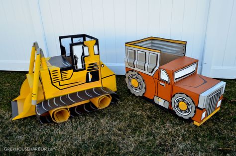 Cardboard Bulldozer, Dump Truck Costume, Excavator Costume, Transportation Parade, Cardboard Truck, Construction Vbs, Diy Baby Costumes, Nursery Diy, Cardboard Car