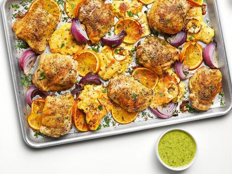 Sheet Pan Mojo Chicken and Plantains Chicken And Plantains Recipe, Chicken And Plantains, Plantains Recipe, Mojo Chicken, Marinated Chicken Thighs, Plantain Recipes, Sheet Pan Chicken, Pan Dinners, Food Network Magazine