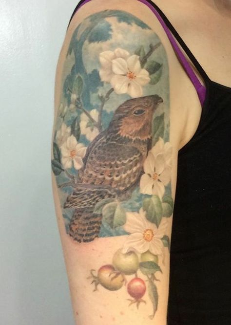 Whippoorwill with beach roses, apple blossoms, and a bumblebee. By Dan Greuling, Londonderry, NH. Willow Sleeve Tattoo, Hoopoe Bird Tattoo, Honey Bee Apple Blossom Tattoo, Willy Wagtail Tattoo, Sparrow And Peony Tattoo, Caged Heart, Beach Roses, Tattoo Thoughts, 3 Tattoo