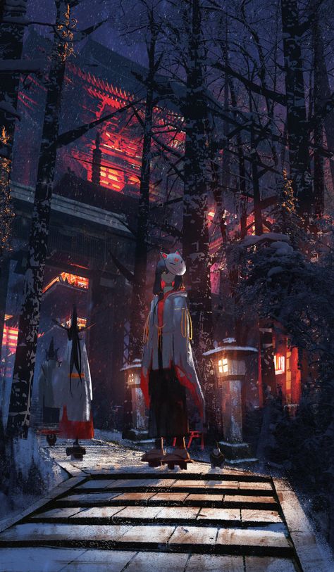 ArtStation - Winter shrine Shrines Art, Japanese Shrine, Anime Christmas, Japon Illustration, 판타지 아트, Cool Anime Pictures, Environment Concept Art, Anime Scenery Wallpaper, Environmental Art