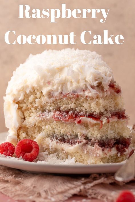 The best coconut cake ever! This raspberry layer cake recipe is so moist and loaded with flavor. A great dessert recipe for Easter brunch! Coconut Raspberry Cake Recipe, Coconut Yule Log Cake, White Chocolate Raspberry Coconut Cake, Catch A Husband Coconut Cake, Coconut Layer Cake Recipe, Boxed Coconut Cake Recipe, Coconut Cake Filling Ideas, Easter Flavor Cakes, Delicious Creamy Coconut Cake