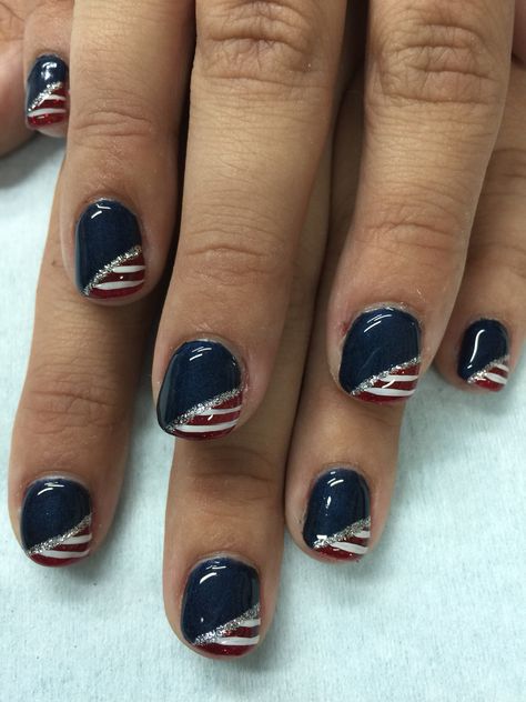 Patriotic, 4th of July, Captain America gel nails. All done with non-toxic and odorless gel. Marine Corp Ball Nails, Navy Blue 4th Of July Nails, Goth 4th Of July Nails, Black 4th Of July Nails, Veterans Day Nails, Us Navy Nails Design, Police Nails Designs, 4th Of July Gel Nails, Marine Corps Nails