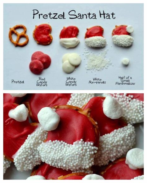 Santa Hat Pretzels...these are the BEST Christmas Treats! Christmas Snacks Savory, Best Christmas Treats, Diy Christmas Treats, Xmas Treats, Christmas Candy Recipes, Xmas Cookies, Christmas Sweets, Santa Hats, Xmas Food