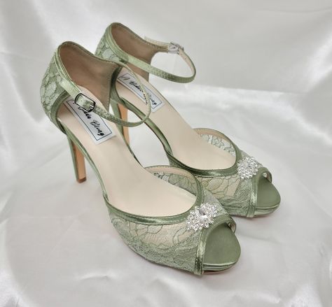 Enchanted Forest Wedding Shoes, Fairy Wedding Shoes, Sage Heels, Sage Green Heels, Quince Shoes, Quince Heels, Fall Wedding Shoes, Lace Bridal Shoes, How To Dye Shoes