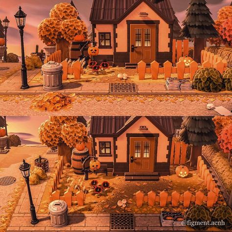 Res Rep Figment👻 on Instagram: “Kidd’s yard🎃🍂 I wanted Kidd on my island mainly because of his house exterior, but he’s really started to grow on me! Definitely going to…” Acnh Island Entrance Ideas Fall, Animal Crossing House Yard Ideas, Acnh Villager Home Exterior, Acnh Autumn House Exterior, Acnh Fall Yard Ideas, Acnh Halloween House Exterior, Halloween Villagers Acnh, Acnh Halloween House, Acnh Fall Brick Path